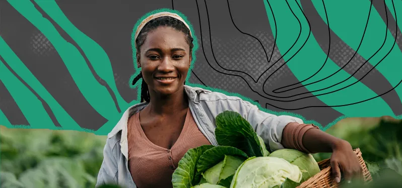 Climate justice for them woman holds a basket of vegetables harvested from a plantation. Photo: Adobe Stock