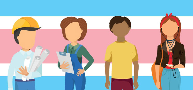 Illustration of workers with the trans flag in the background.