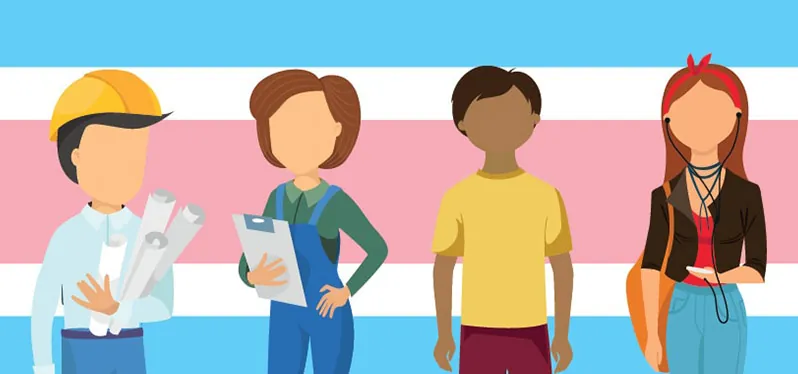 Ilustração de trabalhadores/as com a bandeira trans ao fundo.