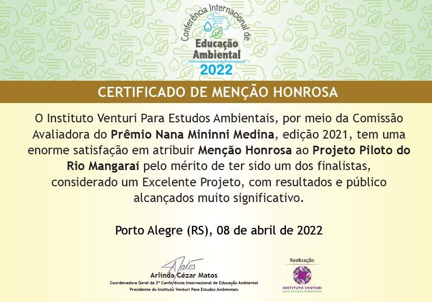 Certificado Menção honrosa Prêmio Nana Mininni Medina 