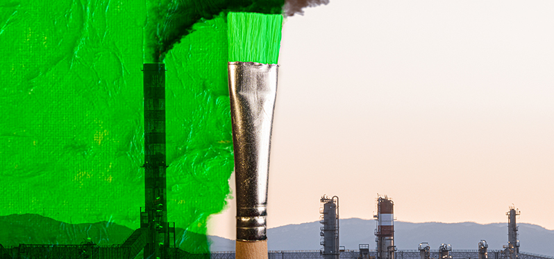combating greenwashing Foto-Adobe-Stock industries and brush with green paint covering them