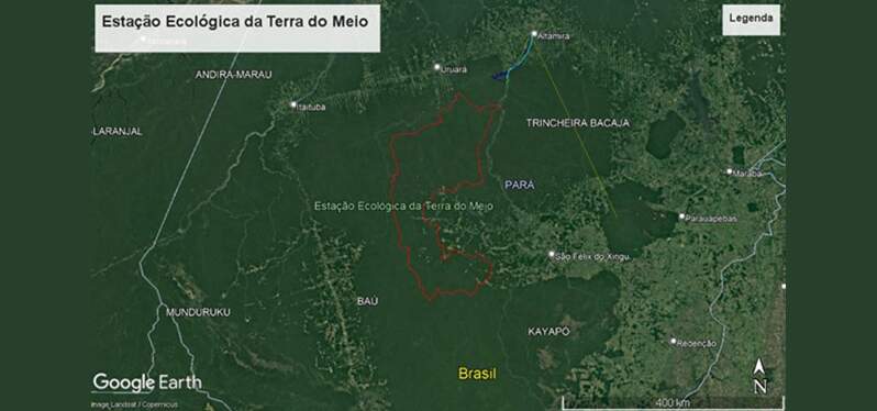 Mapa da estação ecológica da terra do meio. Imagem: Reprodução/Google Earth 