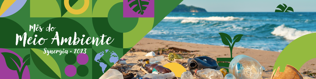 Mês do Meio Ambiente - praia poluída com plástico