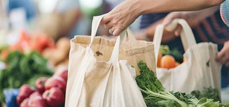 Bolsa reciclable en mercado Foto-Adobe-Stock