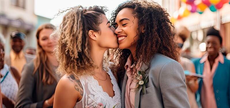 Lesbian women with people around. Photo: Adobe Stock