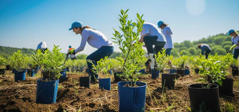 Proyectos de reducción y eliminación de carbono: desafíos sociales: personas reforestando Foto: Adobe Stock