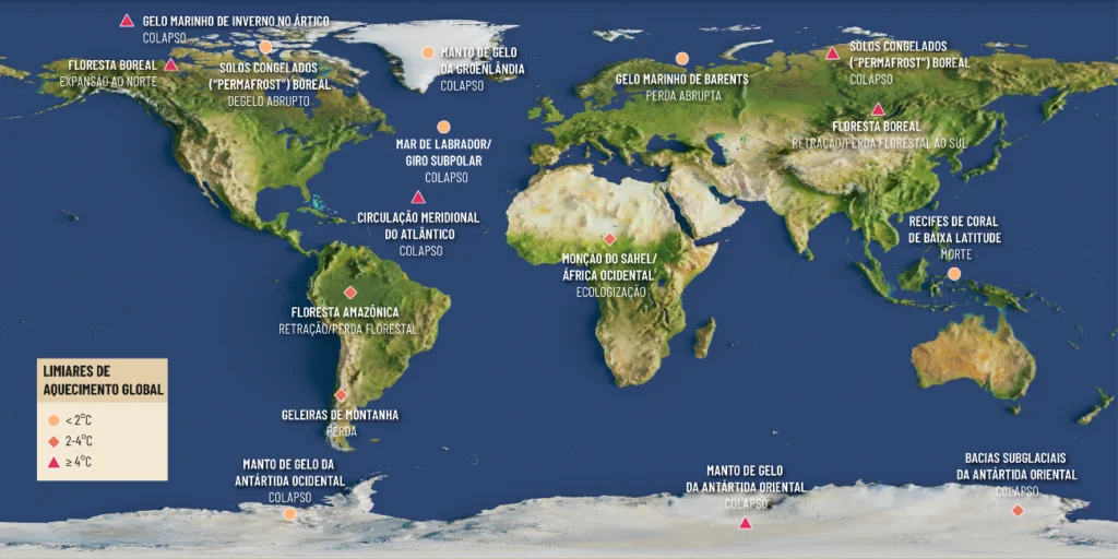Localização dos pontos de não retorno ao redor do mundo. Mapa: Adaptado do artigo