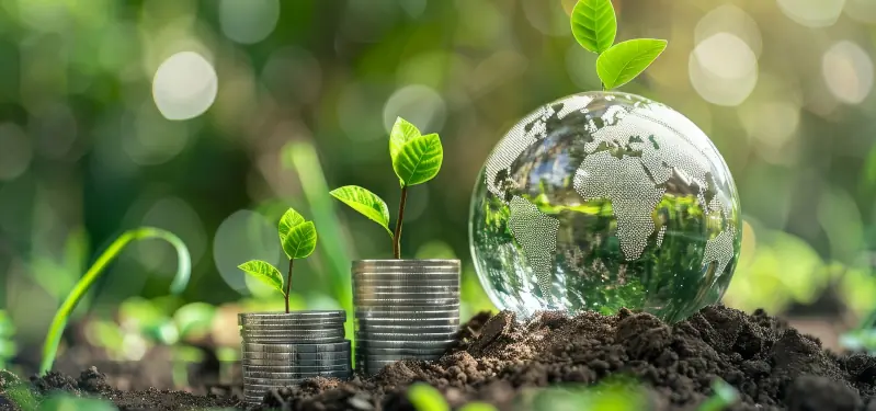 Moedas em meio a terra e globo terrestre, remetendo a economia verde. Foto: Adobe Stock